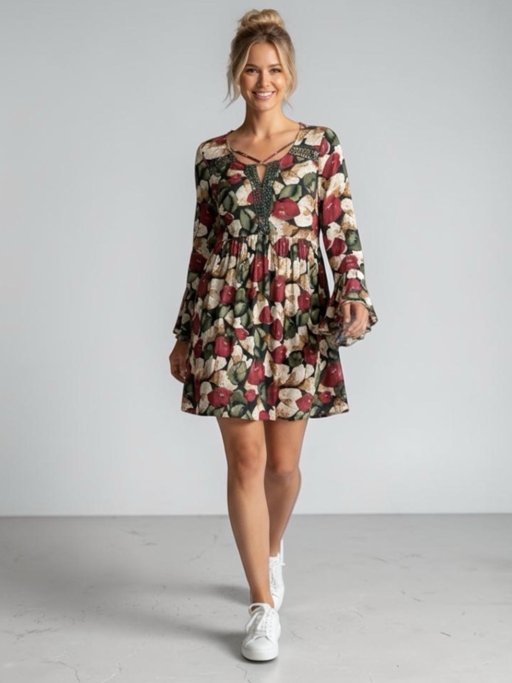 Jodifl Floral Mini Dress Flared Bell Sleeve Crochet Lattice Boho Empire Waist M